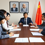 **

A diverse group of business people from different cultures (Japanese, Indian, Chinese, Russian) sitting around a conference table, negotiating a deal. Focus on non-verbal communication and overcoming language barriers. Include elements like interpreters, flags, and business documents.

**