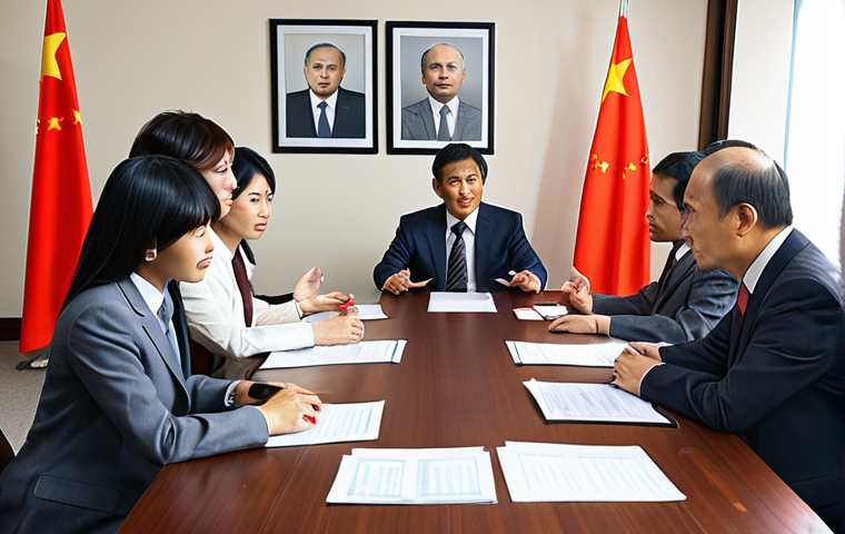 **
A diverse group of business people from different cultures (Japanese, Indian, Chinese, Russian) sitting around a conference table, negotiating a deal. Focus on non-verbal communication and overcoming language barriers. Include elements like interpreters, flags, and business documents.
**