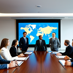 A diverse group of professional business executives, including men and women, in a sleek, modern international conference room with a large, polished table. They are fully clothed in modest business suits and appropriate attire, engaged in a high-level, focused business negotiation, exuding confidence and collaboration. A global map or digital charts are subtly visible on a screen in the background. Perfect anatomy, correct proportions, natural pose, well-formed hands, natural body proportions, professional photography, cinematic lighting, ultra-detailed, high quality, 8k, safe for work, appropriate content, fully clothed, professional.