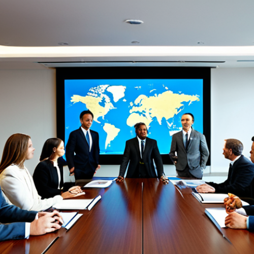 Home 21 A diverse group of professional business executives, including men and women, in a sleek, modern international conference room with a large, polished table. They are fully clothed in modest business suits and appropriate attire, engaged in a high-level, focused business negotiation, exuding confidence and collaboration. A global map or digital charts are subtly visible on a screen in the background. Perfect anatomy, correct proportions, natural pose, well-formed hands, natural body proportions, professional photography, cinematic lighting, ultra-detailed, high quality, 8k, safe for work, appropriate content, fully clothed, professional.