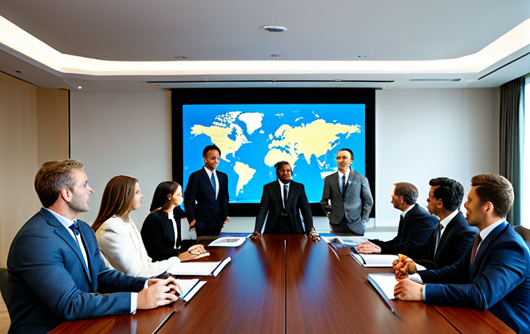 A diverse group of professional business executives, including men and women, in a sleek, modern international conference room with a large, polished table. They are fully clothed in modest business suits and appropriate attire, engaged in a high-level, focused business negotiation, exuding confidence and collaboration. A global map or digital charts are subtly visible on a screen in the background. Perfect anatomy, correct proportions, natural pose, well-formed hands, natural body proportions, professional photography, cinematic lighting, ultra-detailed, high quality, 8k, safe for work, appropriate content, fully clothed, professional.