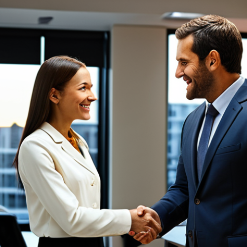 Home 20 **
"A professional negotiation scene in a modern office setting, two business people fully clothed in modest business attire, shaking hands after reaching an agreement, warm lighting, positive atmosphere, safe for work, appropriate content, perfect anatomy, natural proportions, professional."
**