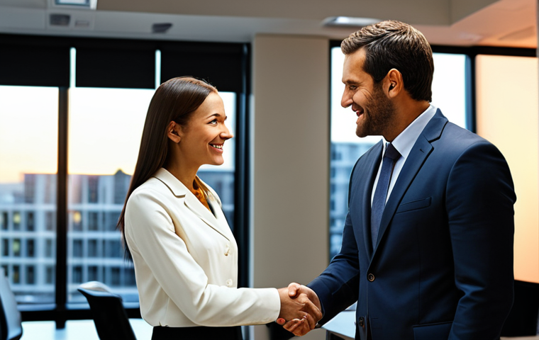 **

"A professional negotiation scene in a modern office setting, two business people fully clothed in modest business attire, shaking hands after reaching an agreement, warm lighting, positive atmosphere, safe for work, appropriate content, perfect anatomy, natural proportions, professional."

**