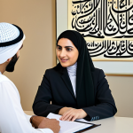 무역협상에서 발생하는 언어 장벽 극복 사례 - **Image Prompt:** A professional businesswoman, fully clothed in modest, traditional Arabic attire, ...