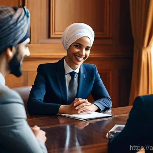 무역협상가의 필수 소프트 스킬 - **Prompt:** A diverse group of three business professionals, two men and one woman, are seated aroun...