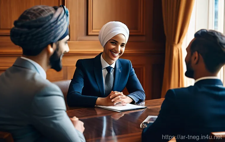 무역협상가의 필수 소프트 스킬 - **Prompt:** A diverse group of three business professionals, two men and one woman, are seated aroun...