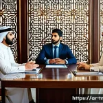 무역협상가로 성공하기 위한 필수 역량 - A professional Middle Eastern business negotiation scene set in a modern conference room with tradit...