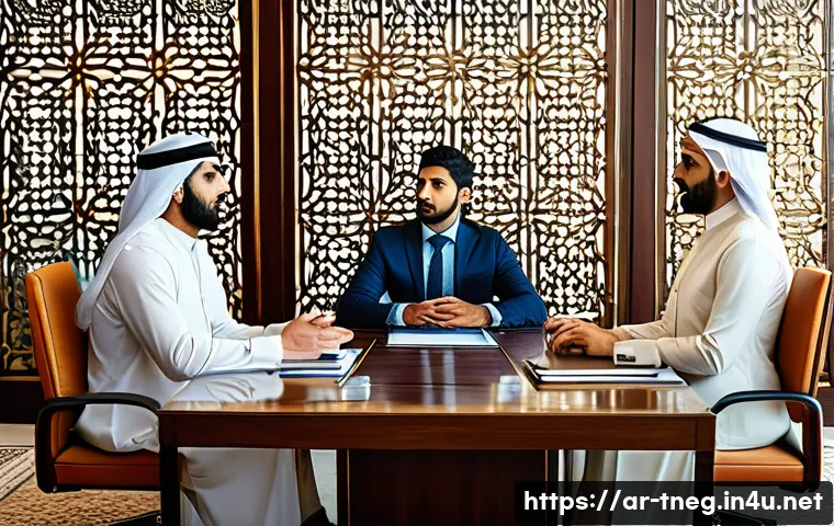 무역협상가로 성공하기 위한 필수 역량 - A professional Middle Eastern business negotiation scene set in a modern conference room with tradit...