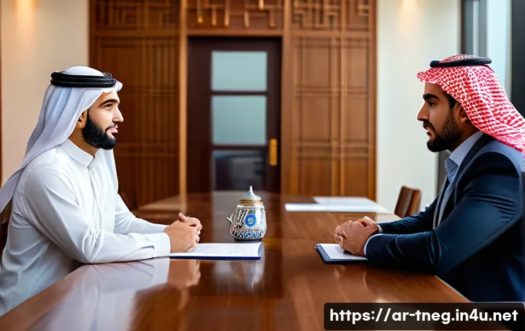 무역협상 중 발생할 수 있는 문화적 충돌 대처법 - A professional business negotiation scene set in a modern Middle Eastern office, featuring a diverse...